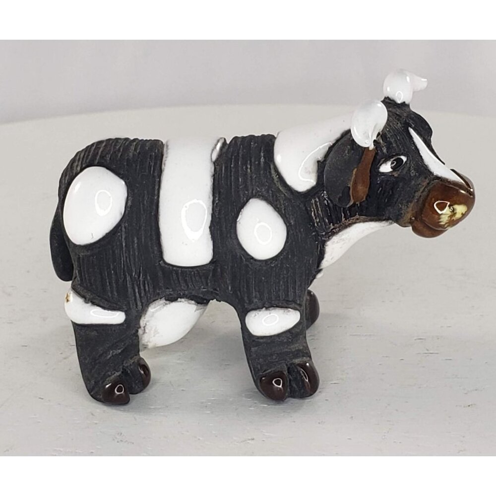 Camil Leps Peru Cow Miniature Figurine Black White Clay Art